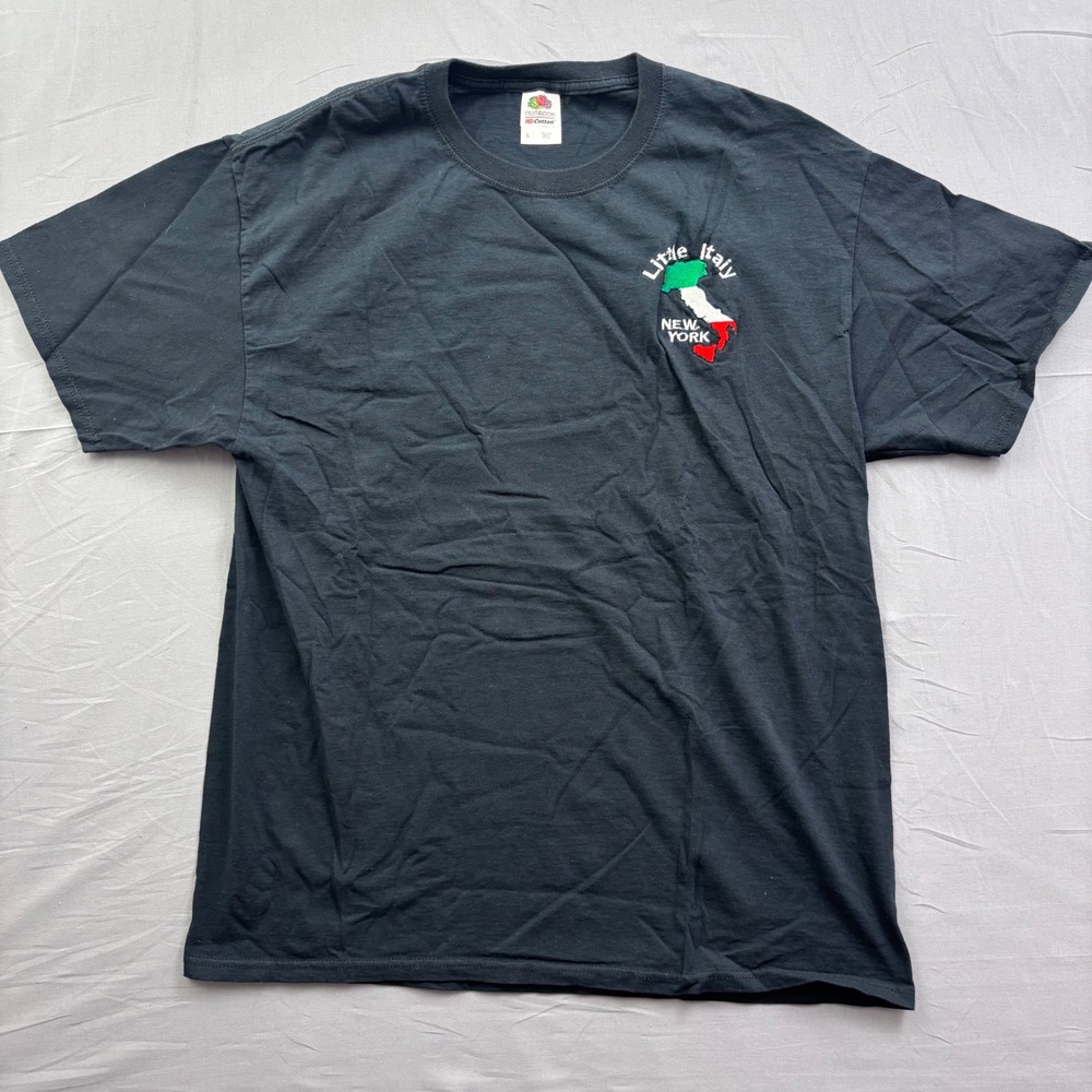 Fruit ofβ the Loom Little Italy New York Embroidered T-Shirt Black Mens Large L